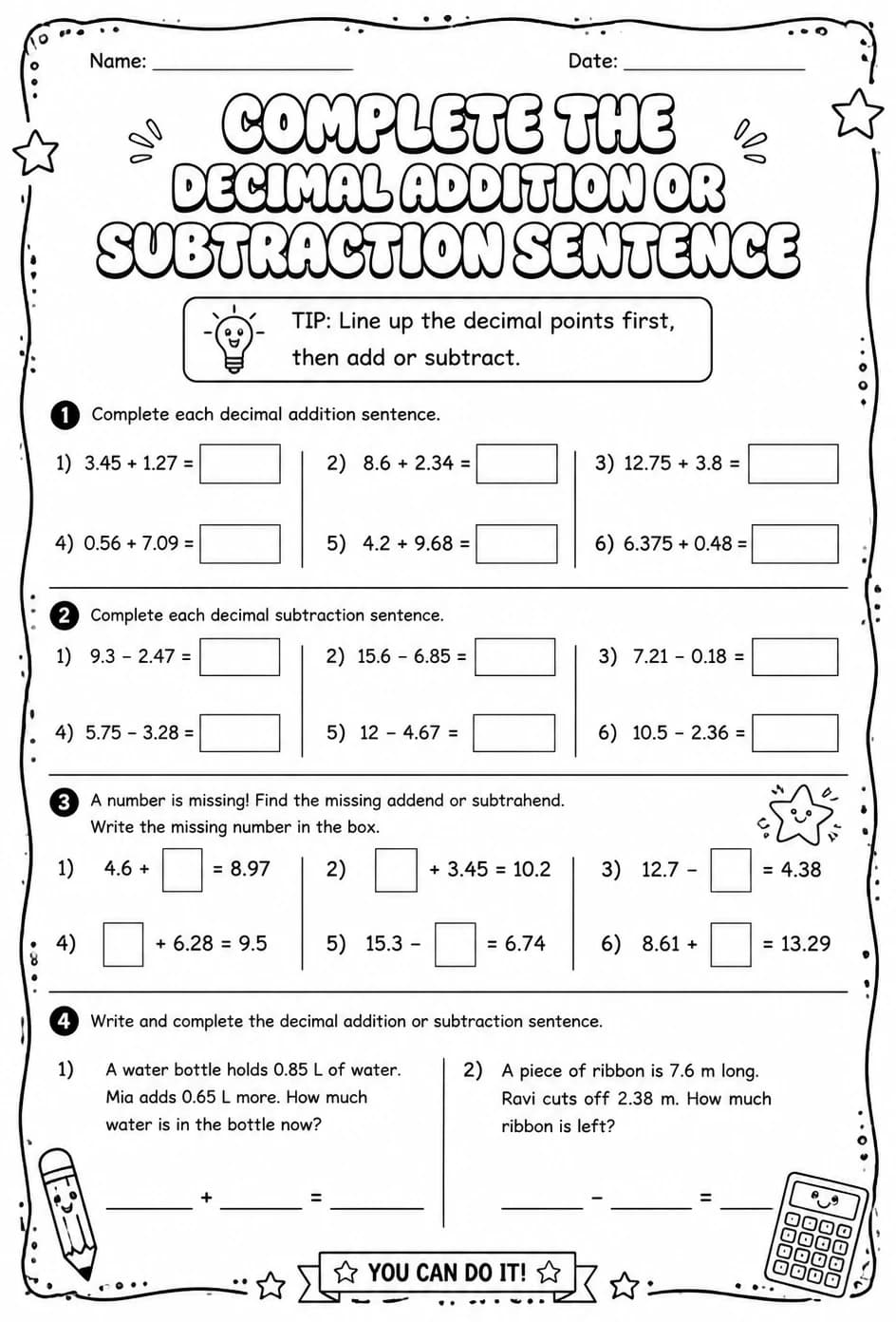 Complete the decimal addition or subtraction sentence — free printable Grade 6 math worksheet