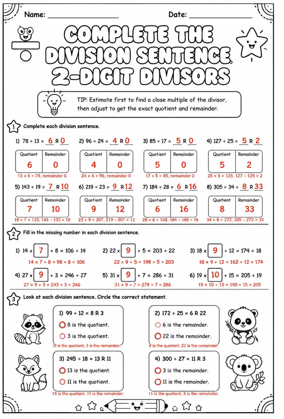 Answer key for Complete the division sentence: 2-digit divisors — free printable Math worksheet