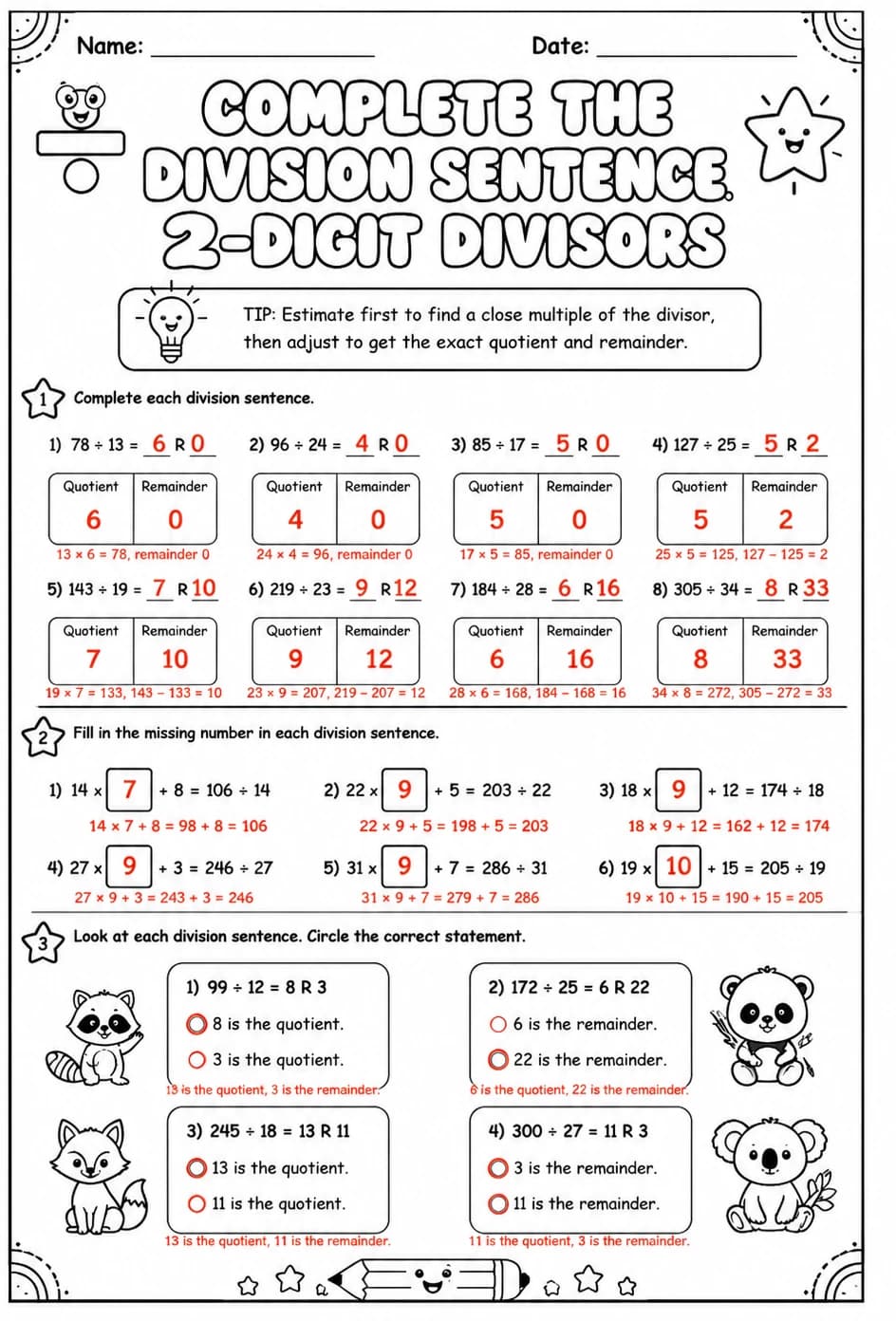 Answer key for Complete the division sentence: 2-digit divisors — free printable Math worksheet