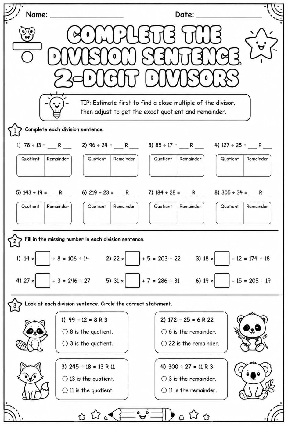 Complete the division sentence: 2-digit divisors — free printable Grade 5 math worksheet