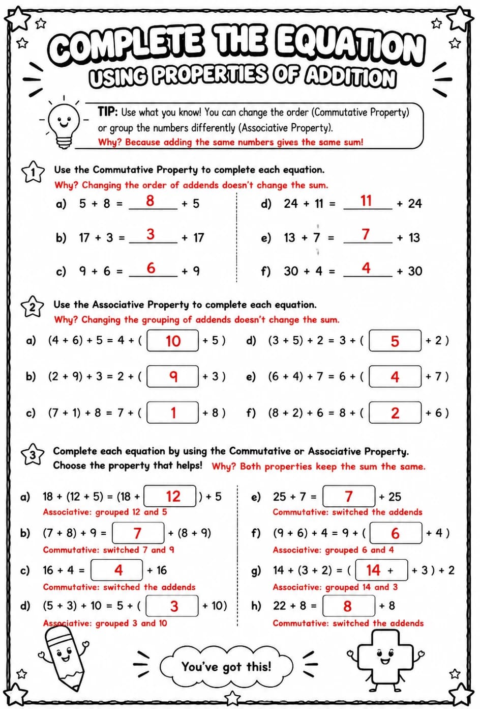 Answer key for Complete the equation using properties of addition — free printable Math worksheet