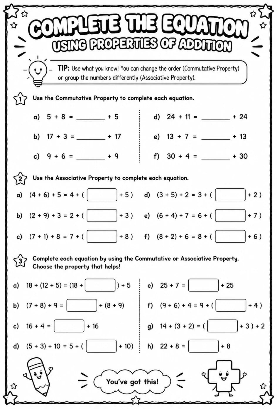 Complete the equation using properties of addition — free printable Grade 3 math worksheet