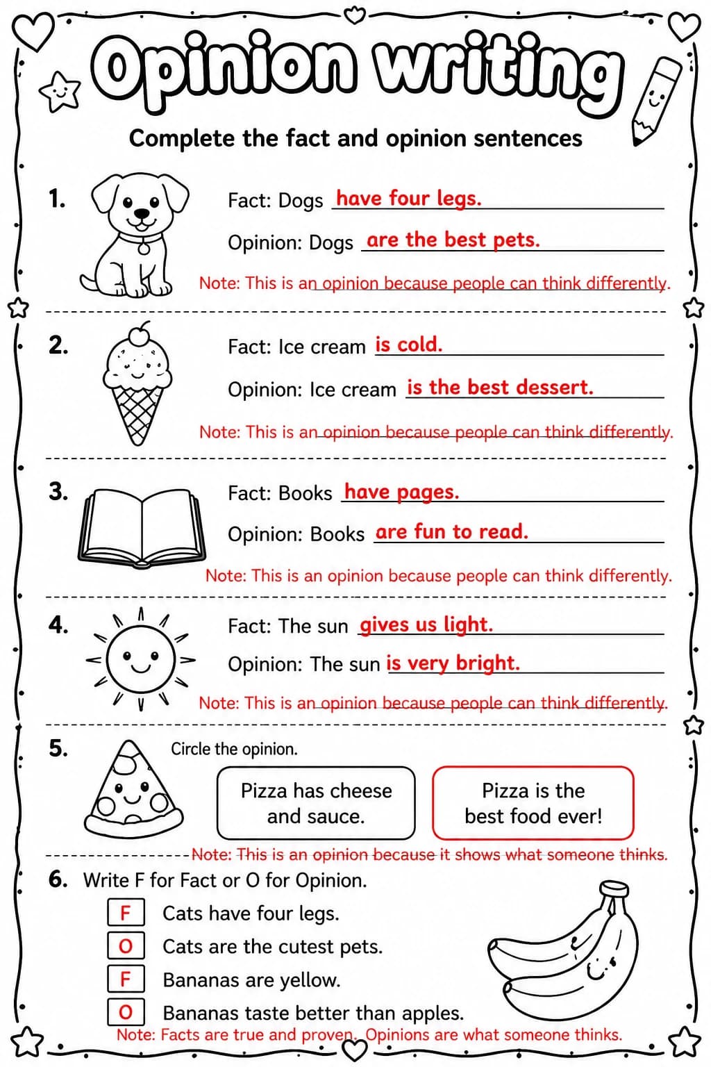 Answer key for Complete the fact and opinion sentences — free printable English & Reading worksheet