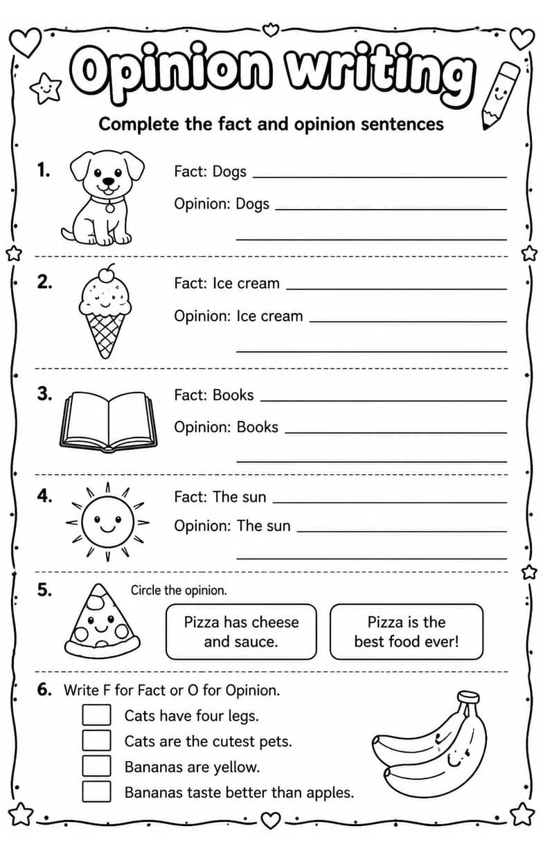 Complete the fact and opinion sentences — free printable Writing strategies English worksheet