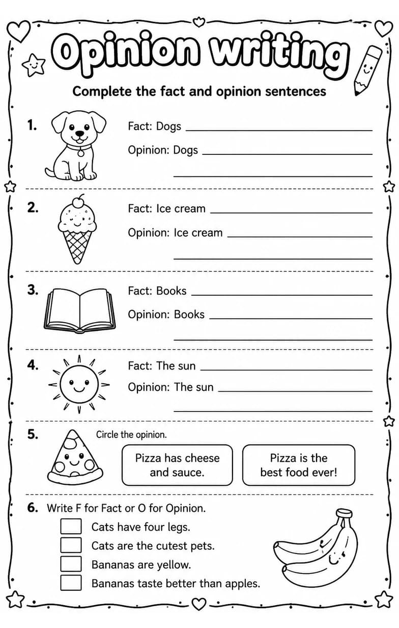 Complete the fact and opinion sentences — free printable Writing strategies English worksheet