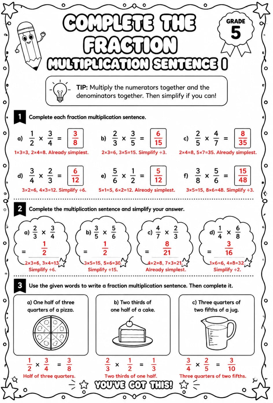 Answer key for Complete the fraction multiplication sentence I — free printable Math worksheet