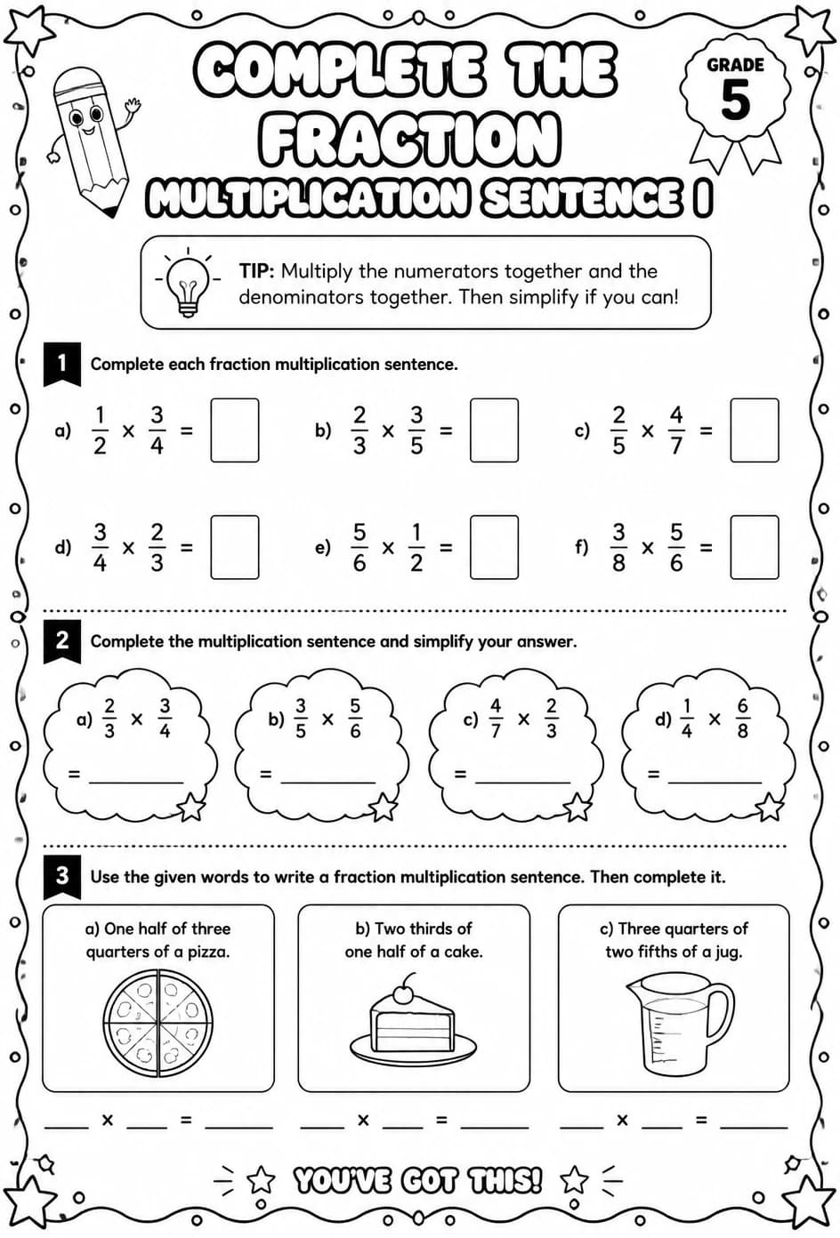 Complete the fraction multiplication sentence I — free printable Grade 5 math worksheet