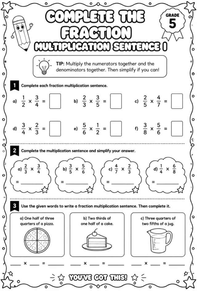 Complete the fraction multiplication sentence I