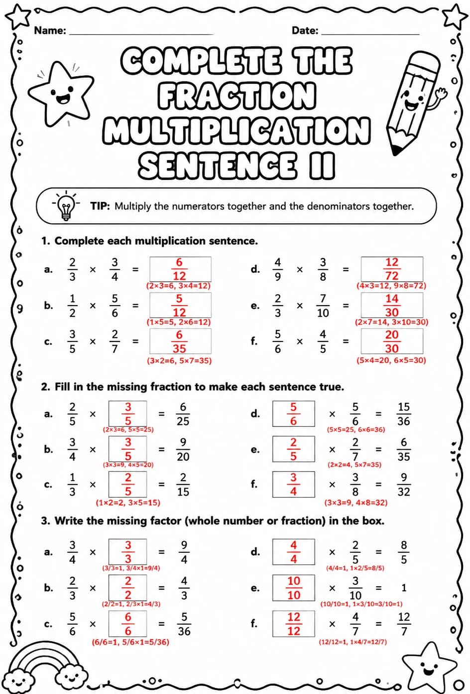 Answer key for Complete the fraction multiplication sentence II — free printable Math worksheet