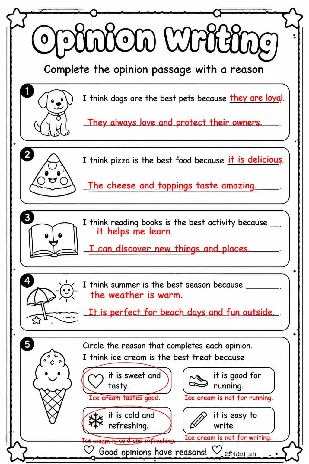 Answer key for Complete the opinion passage with a reason — free printable English & Reading worksheet