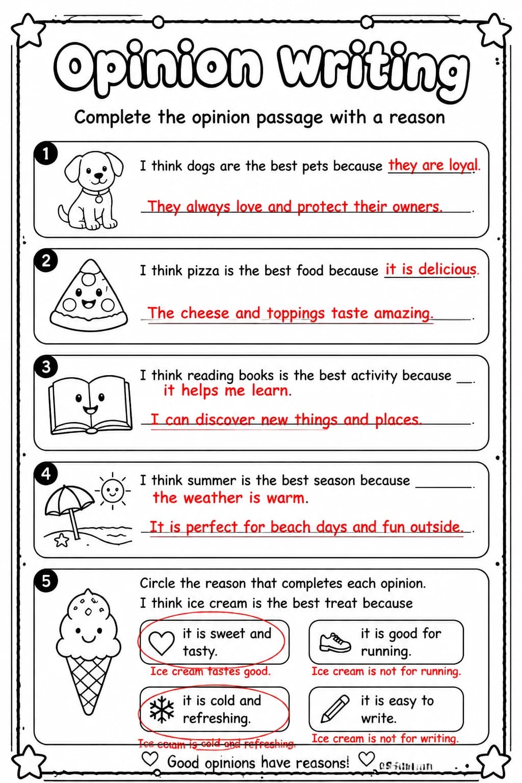 Answer key for Complete the opinion passage with a reason — free printable English & Reading worksheet