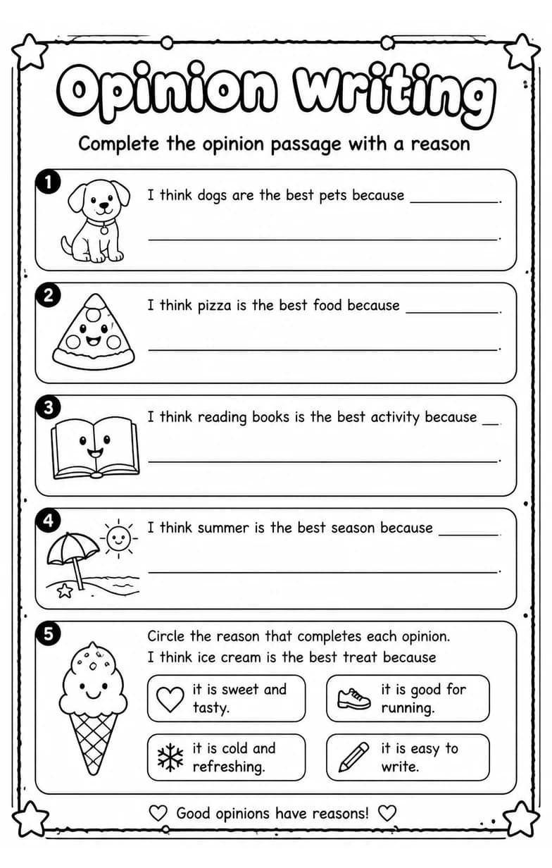 Complete the opinion passage with a reason — free printable Writing strategies English worksheet