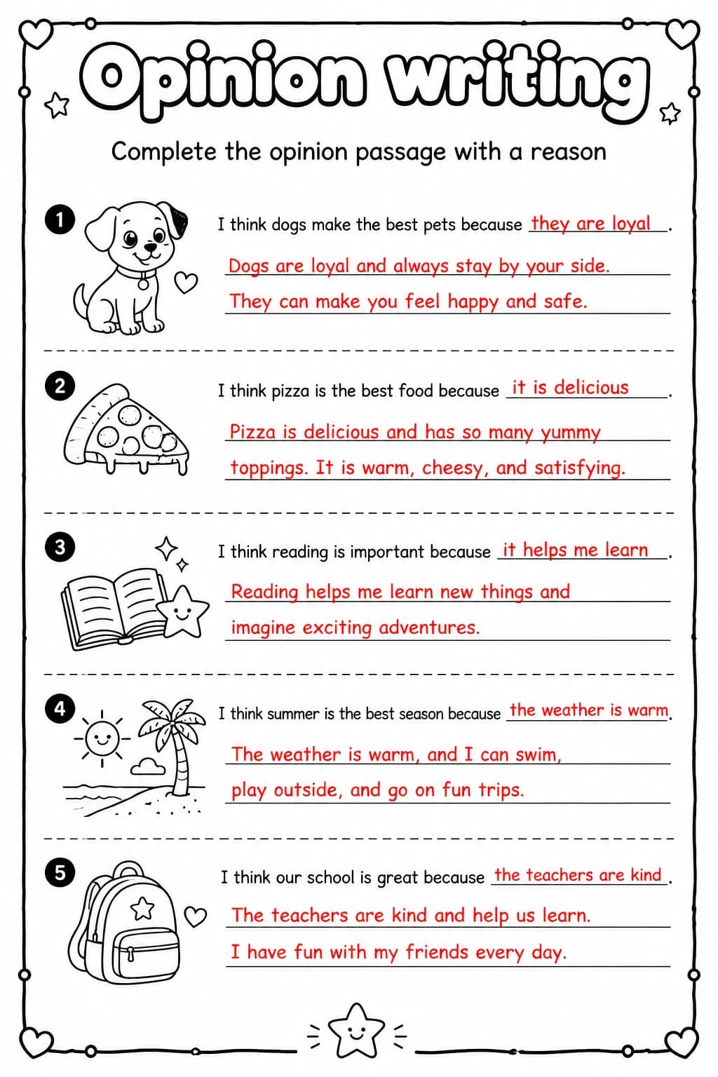 Answer key for Complete the opinion passage with a reason — free printable English & Reading worksheet