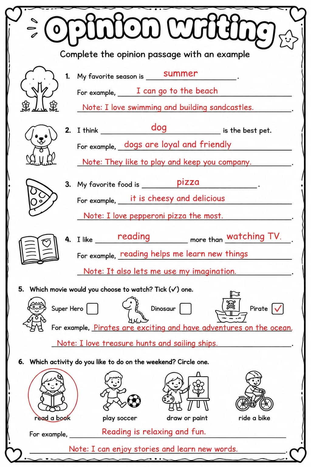 Answer key for Complete the opinion passage with an example — free printable English & Reading worksheet