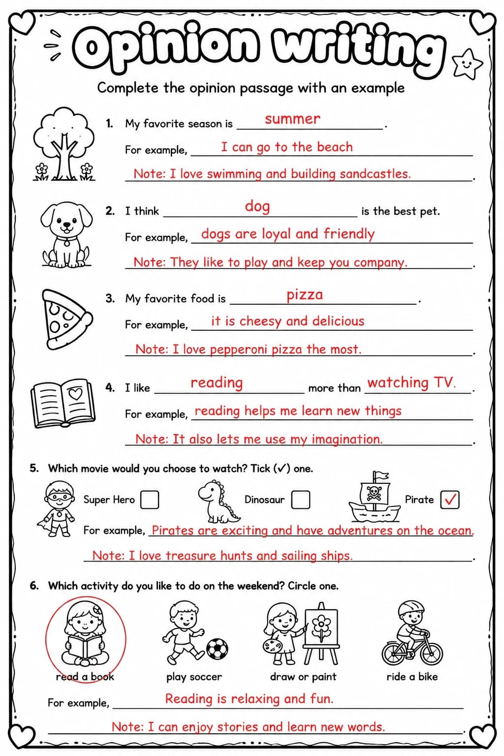 Answer key for Complete the opinion passage with an example — free printable English & Reading worksheet