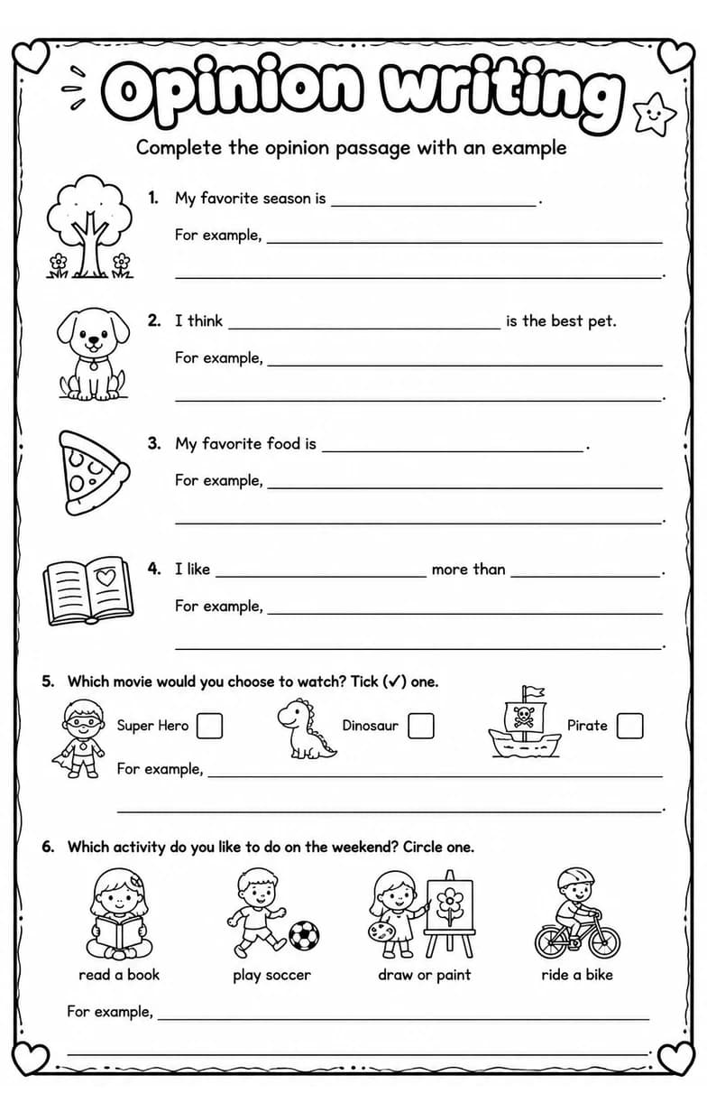 Complete the opinion passage with an example — free printable Writing strategies English worksheet