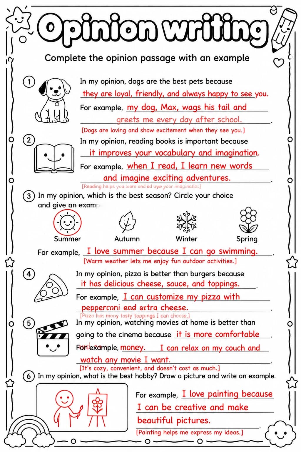 Answer key for Complete the opinion passage with an example — free printable English & Reading worksheet