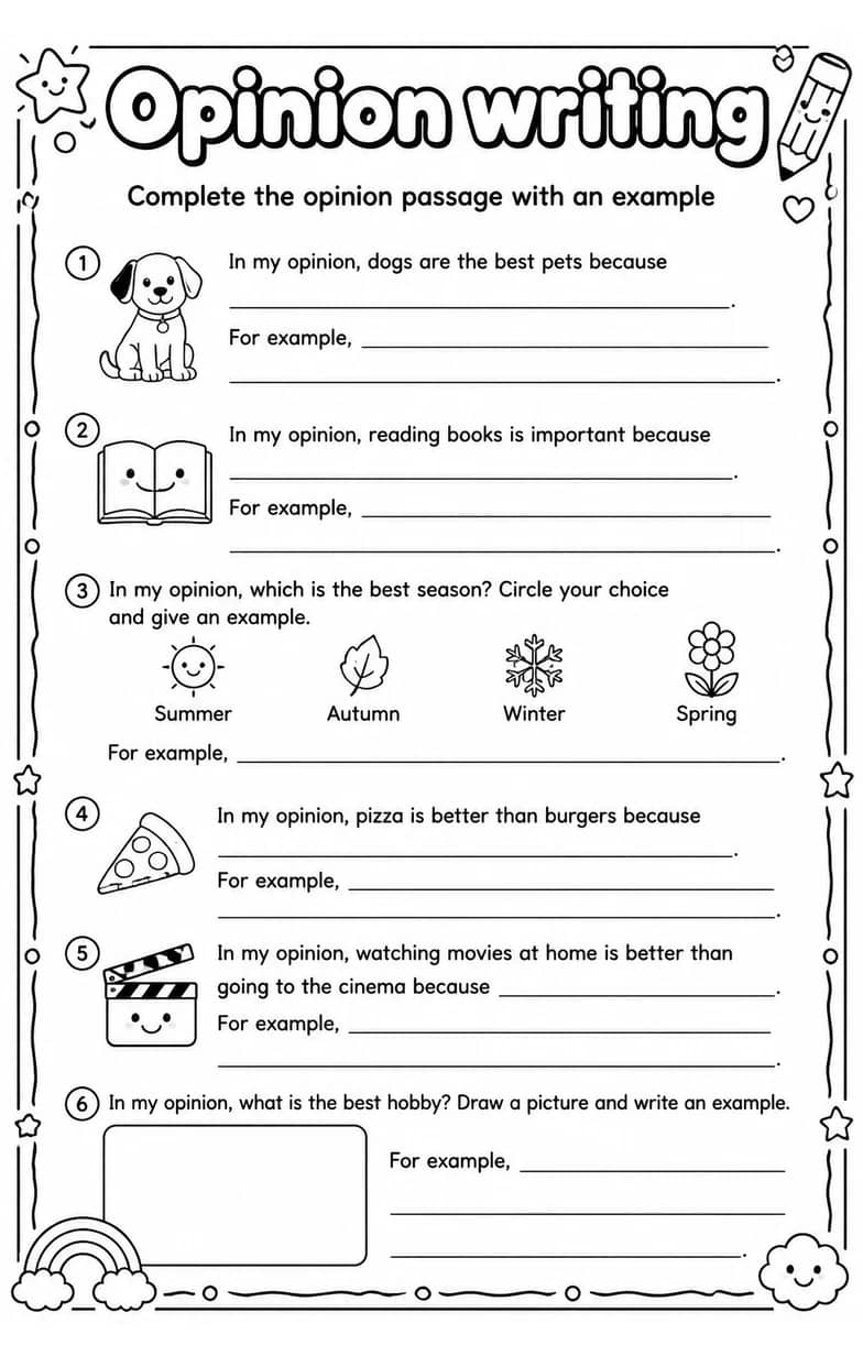 Complete the opinion passage with an example — free printable Writing strategies English worksheet