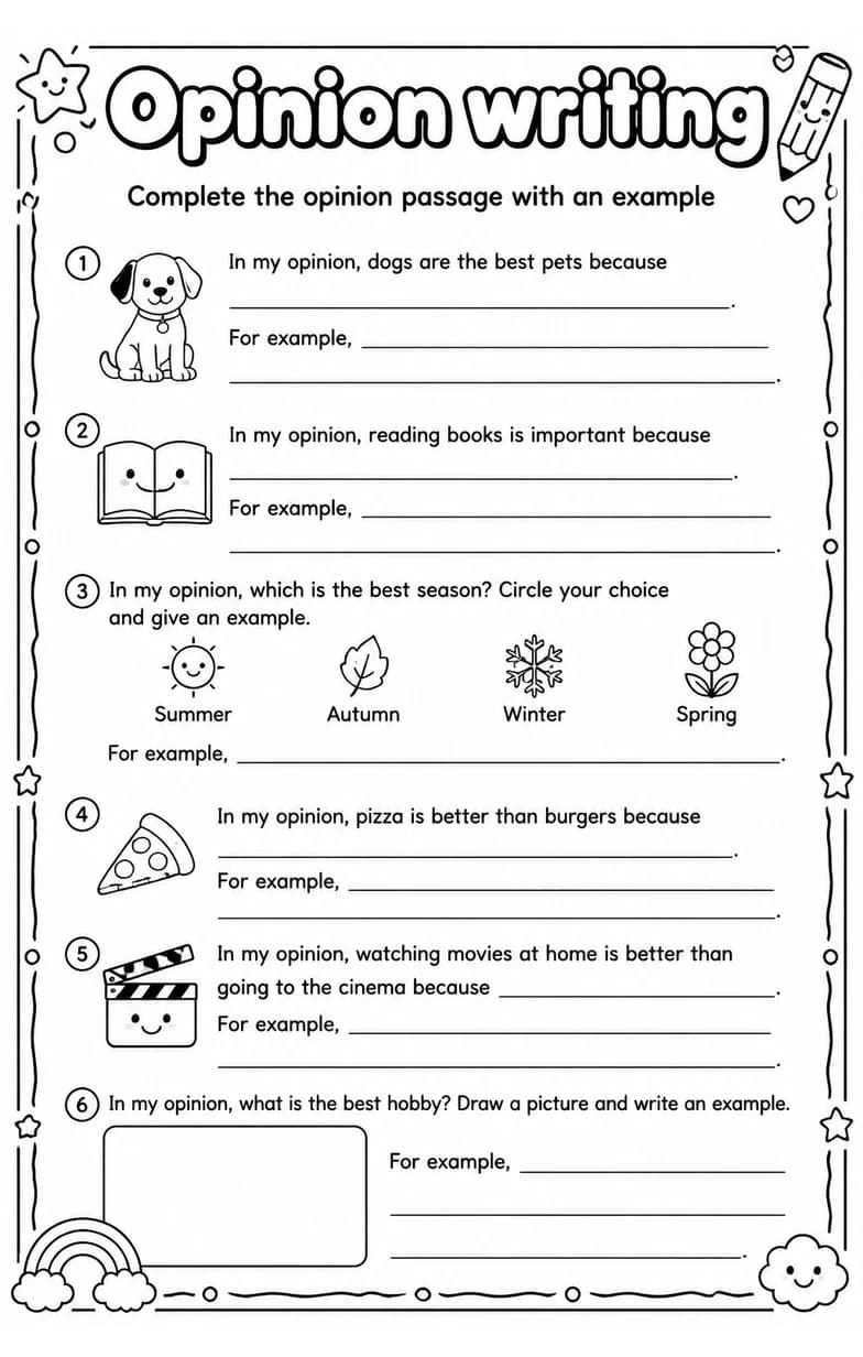 Complete the opinion passage with an example — free printable Grade 3 English & Reading worksheet