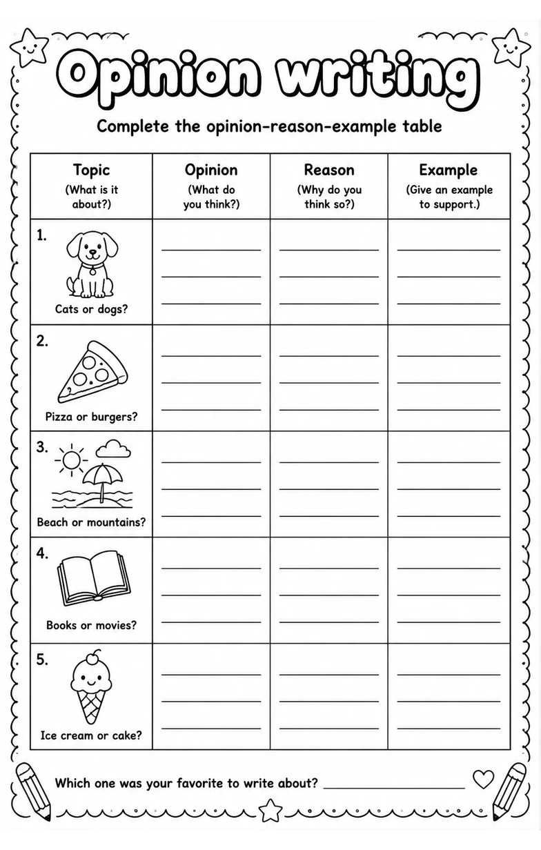 Complete the opinion-reason-example table — free printable Grade 2 English & Reading worksheet