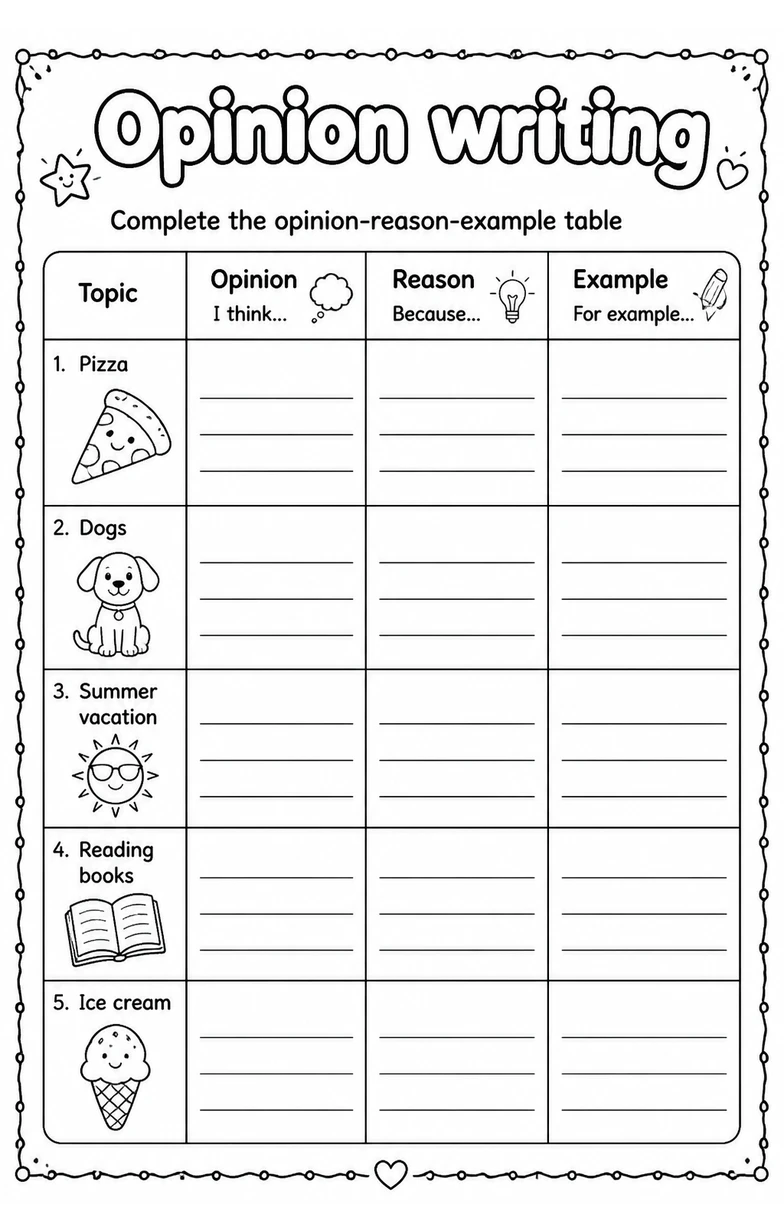 Complete the opinion-reason-example table — free printable Grade 3 English & Reading worksheet