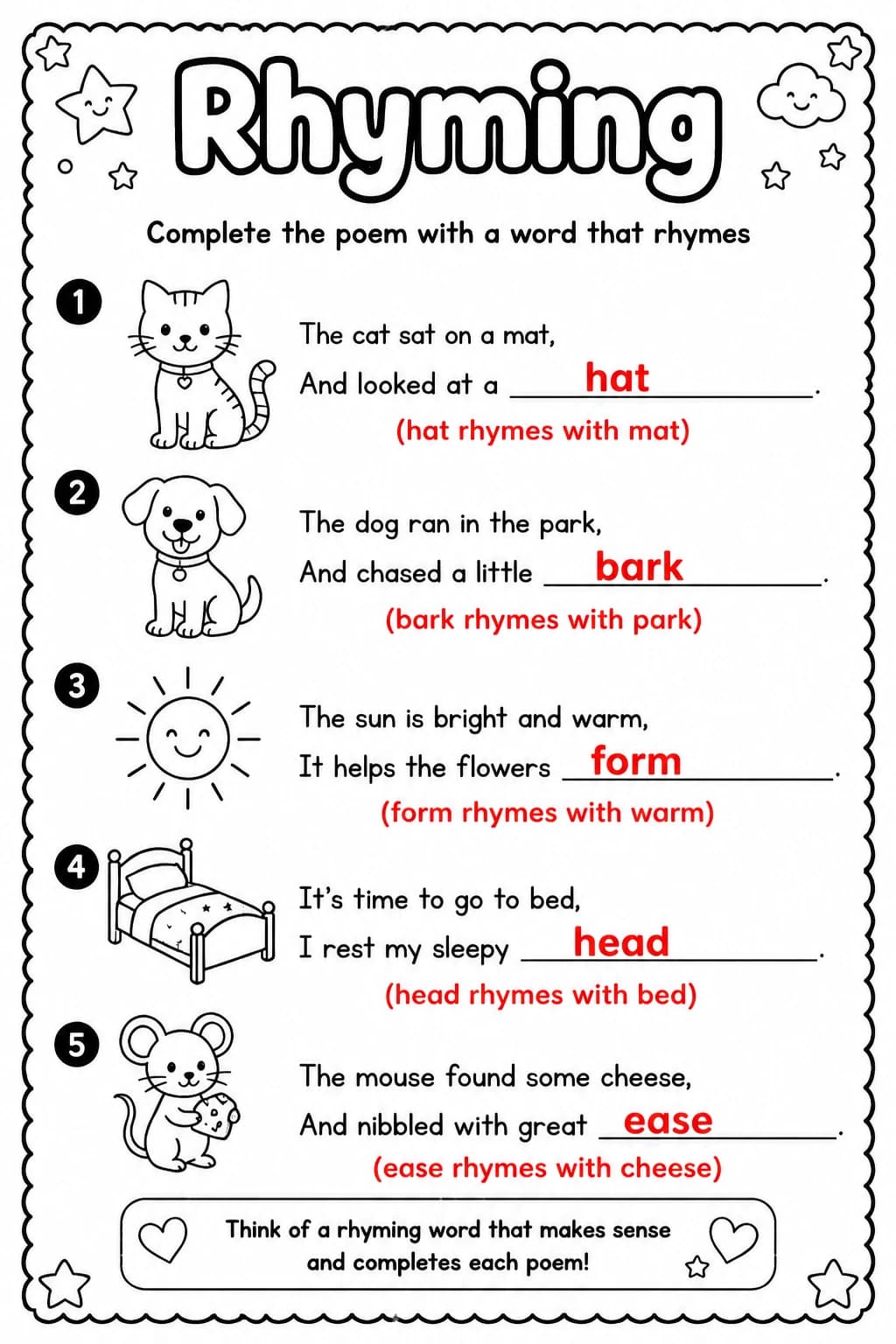 Answer key for Complete the poem with a word that rhymes — free printable English & Reading worksheet