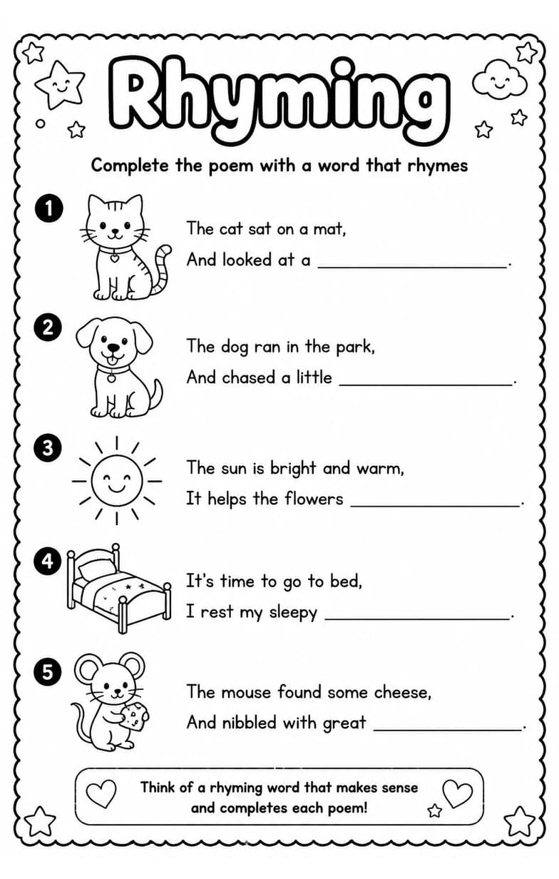 Complete the poem with a word that rhymes — free printable Grade 1 English & Reading worksheet