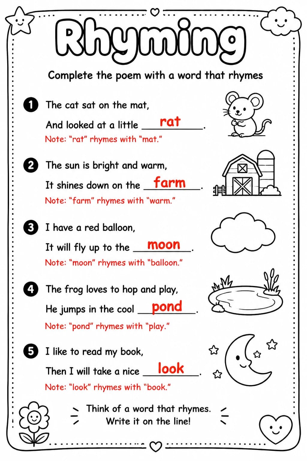 Answer key for Complete the poem with a word that rhymes — free printable English & Reading worksheet