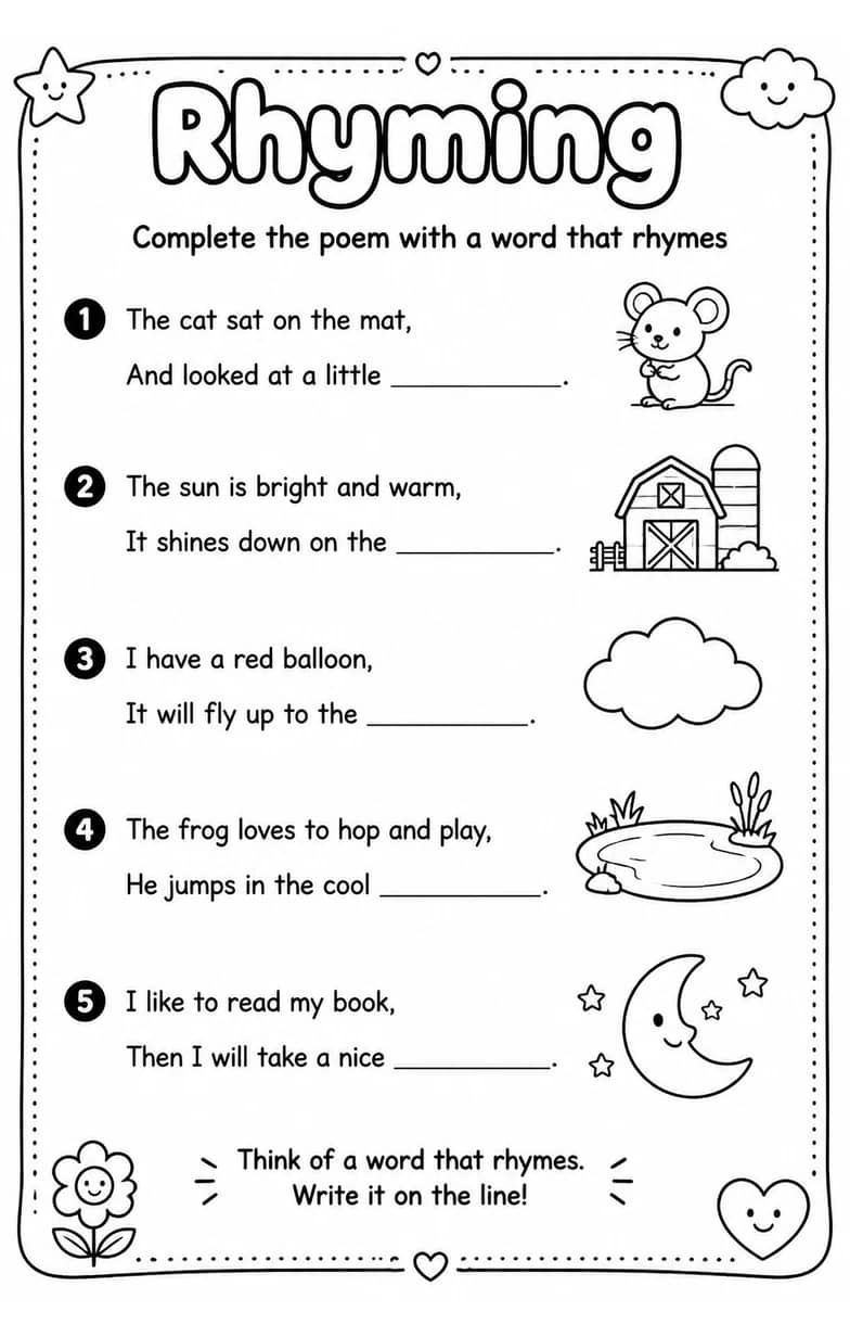 Complete the poem with a word that rhymes — free printable Reading foundations English worksheet