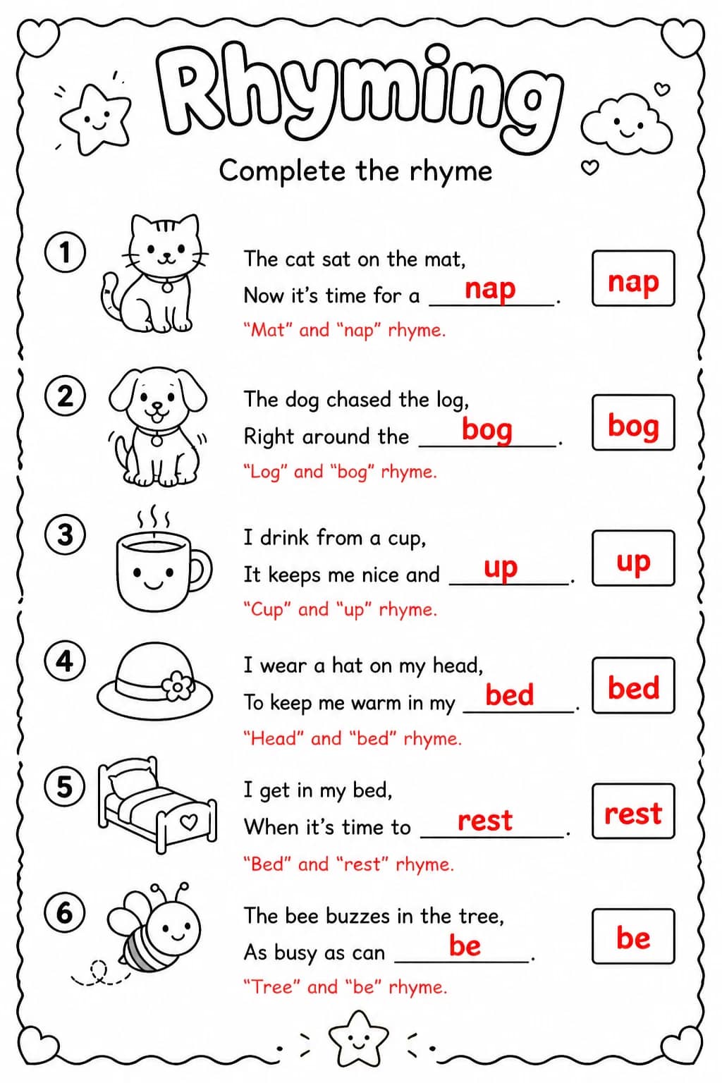 Answer key for Complete the rhyme — free printable English & Reading worksheet