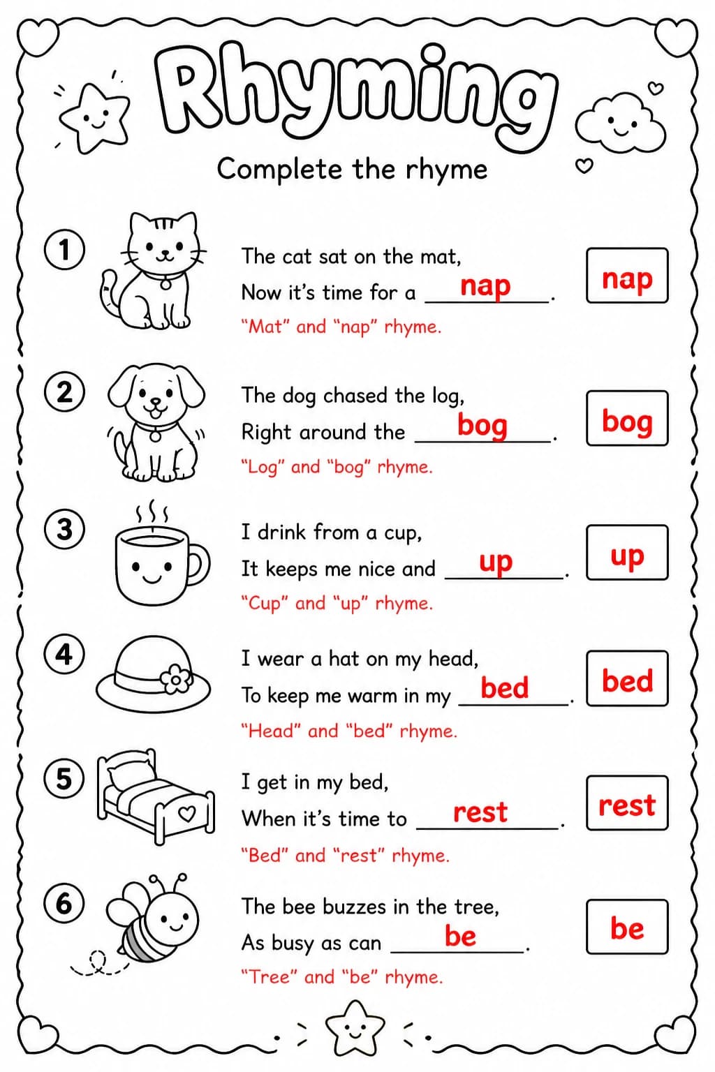 Answer key for Complete the rhyme — free printable English & Reading worksheet