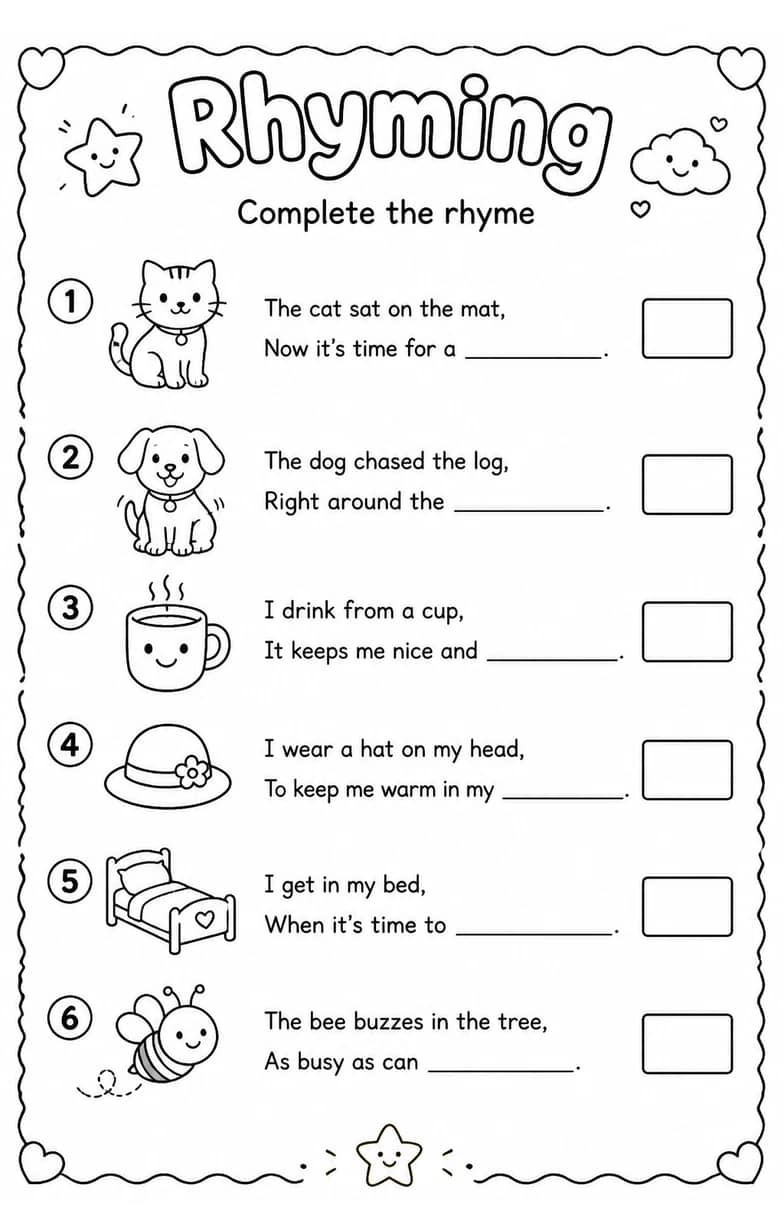 Complete the rhyme — free printable Reading foundations English worksheet