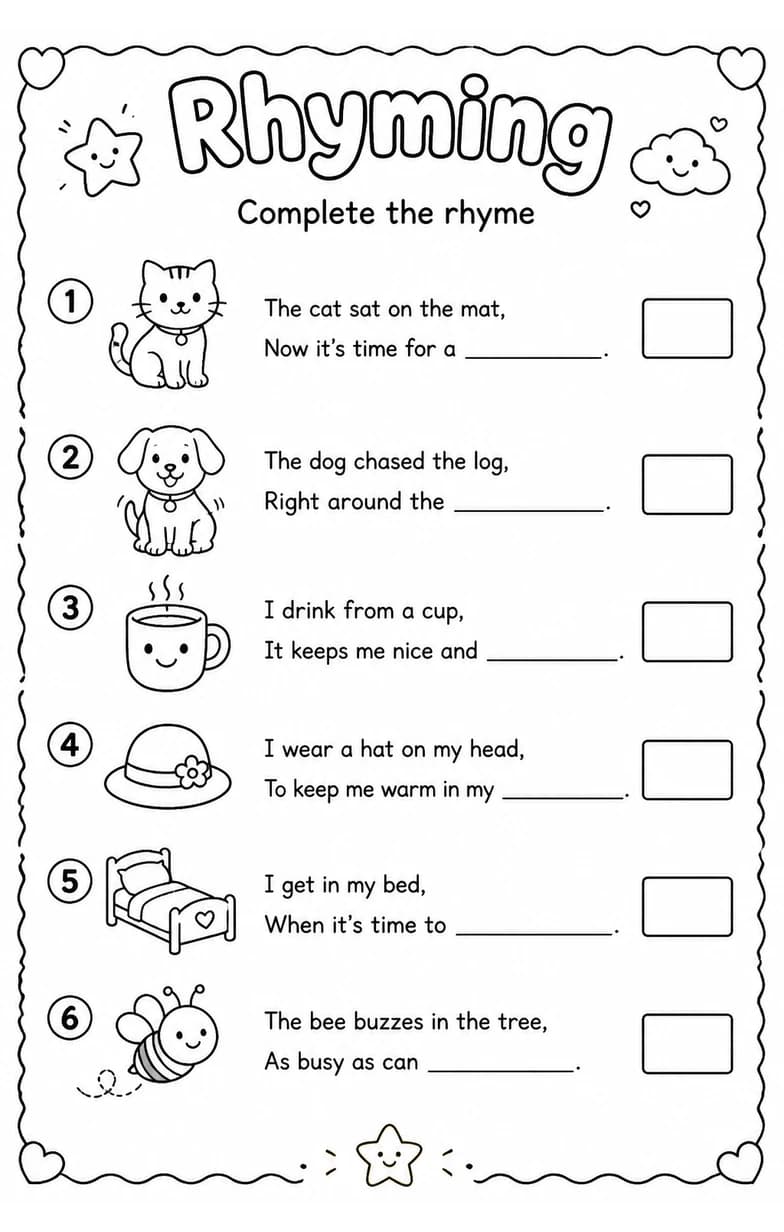 Complete the rhyme — free printable Grade 1 English & Reading worksheet