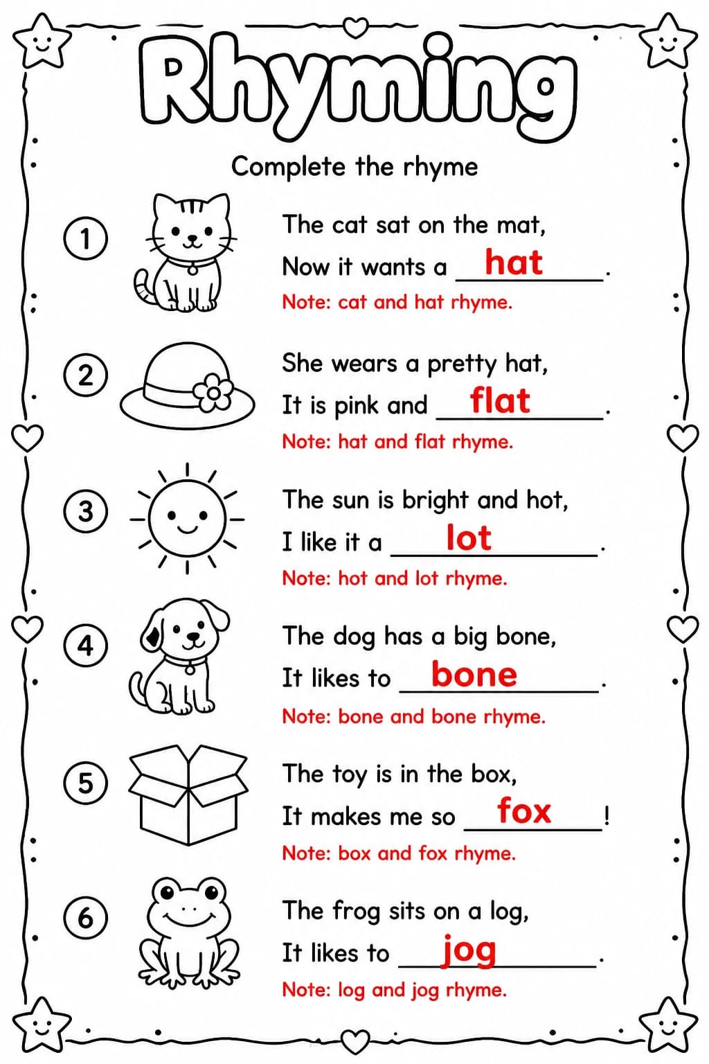 Answer key for Complete the rhyme — free printable English & Reading worksheet
