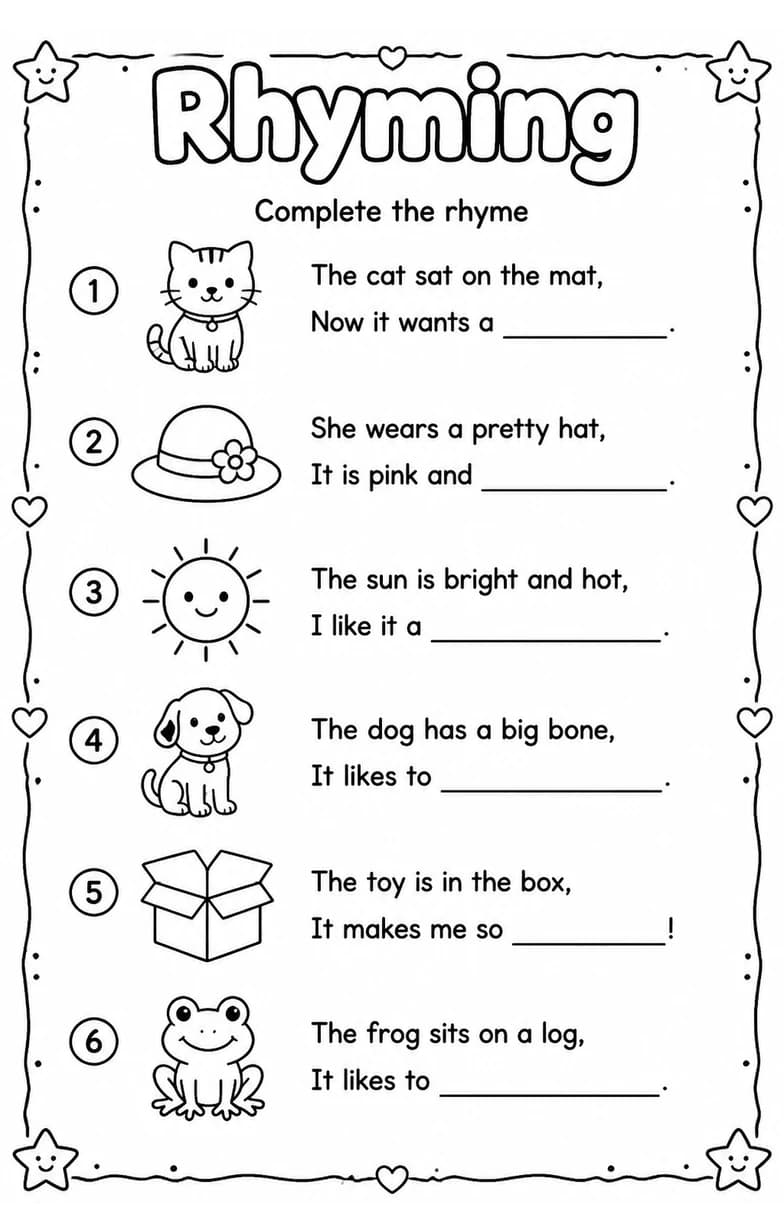 Complete the rhyme — free printable Reading foundations English worksheet