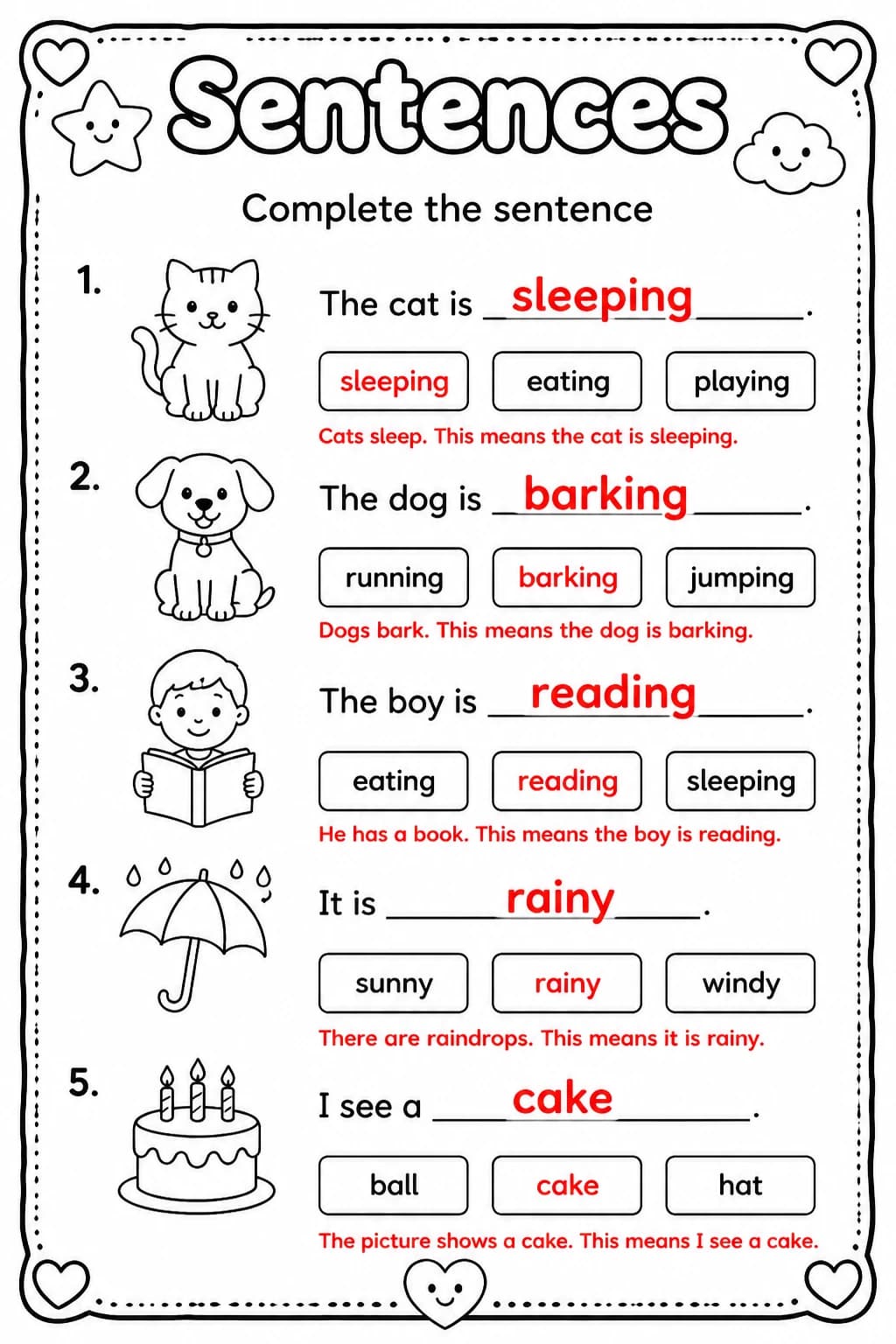 Answer key for Complete the sentence — free printable English & Reading worksheet