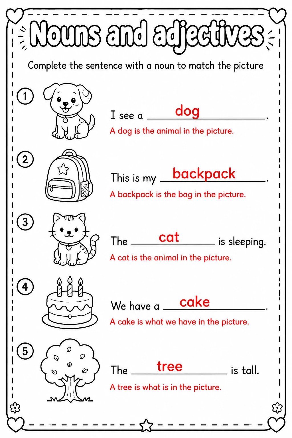 Answer key for Complete the sentence with a noun to match the picture — free printable English & Reading worksheet