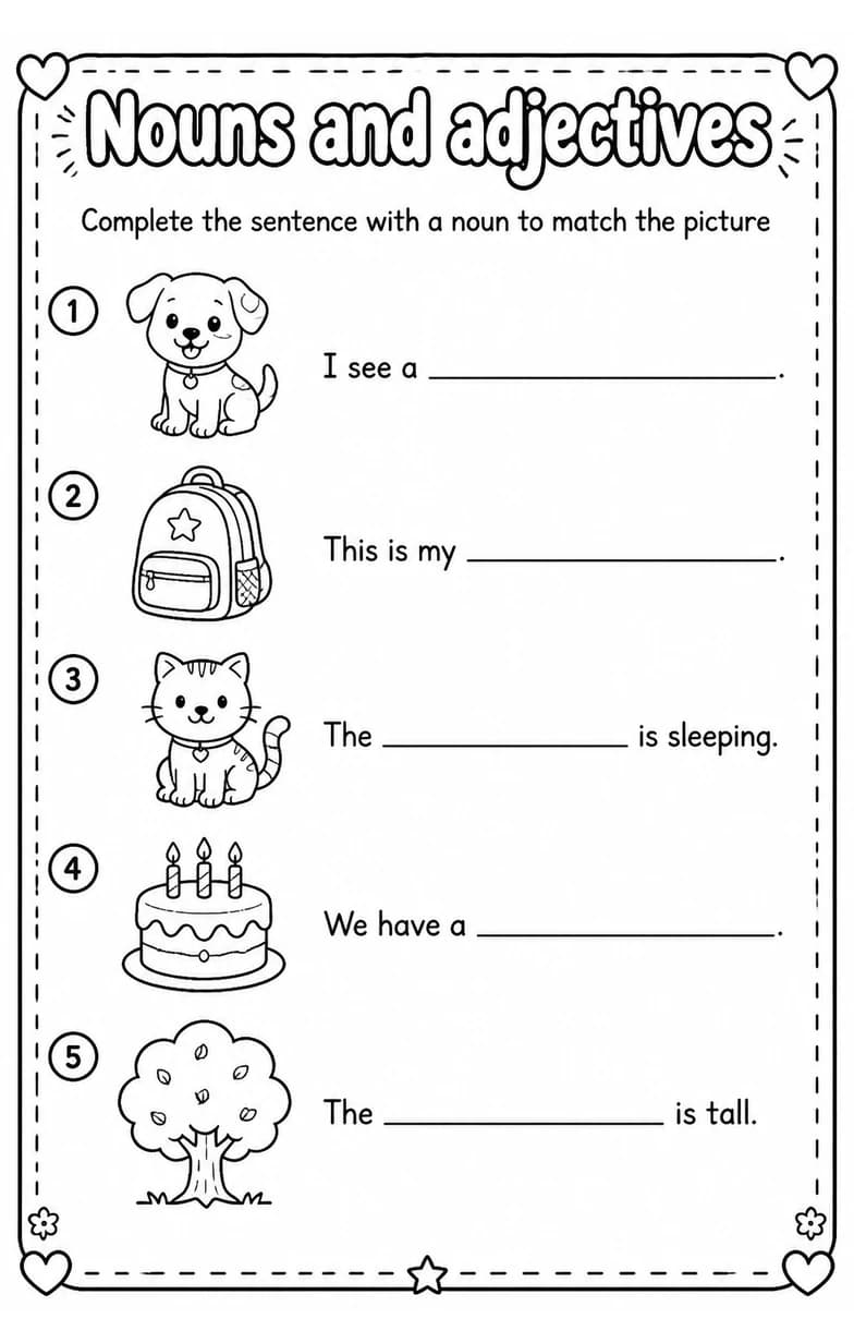 Complete the sentence with a noun to match the picture — free printable Grade 1 English & Reading worksheet