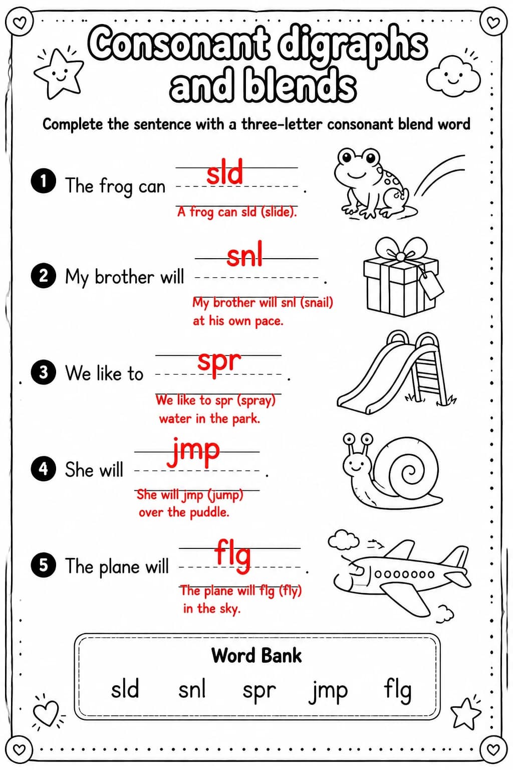 Answer key for Complete the sentence with a three-letter consonant blend word — free printable English & Reading worksheet