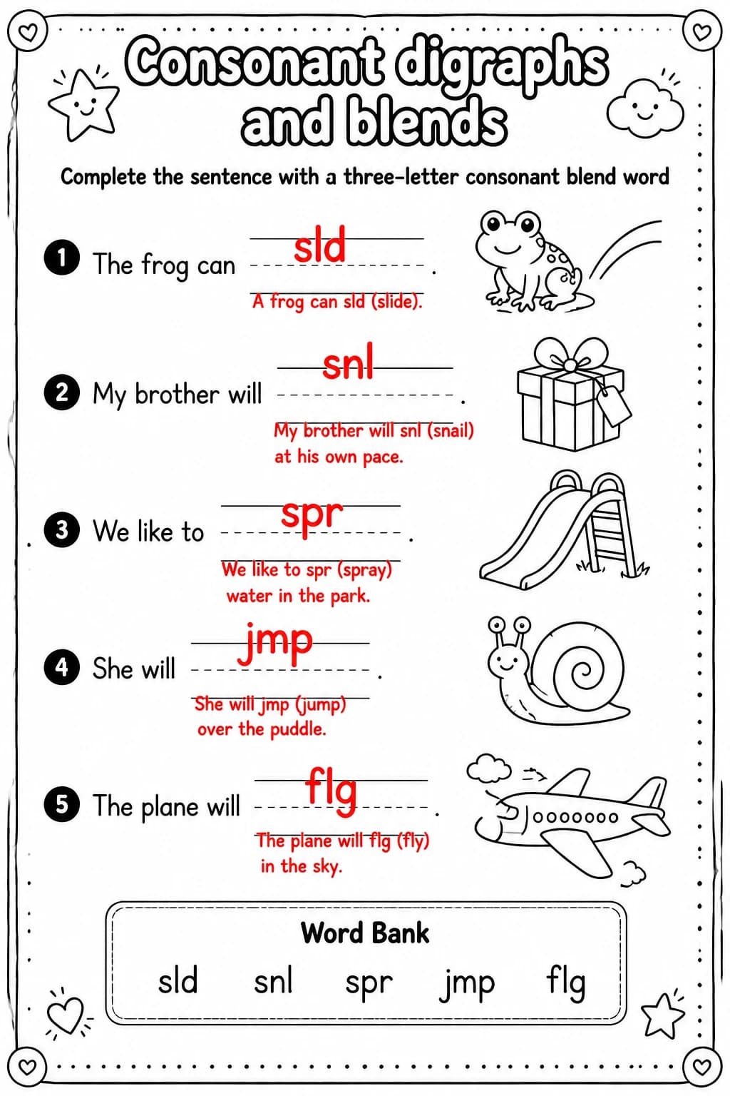 Answer key for Complete the sentence with a three-letter consonant blend word — free printable English & Reading worksheet