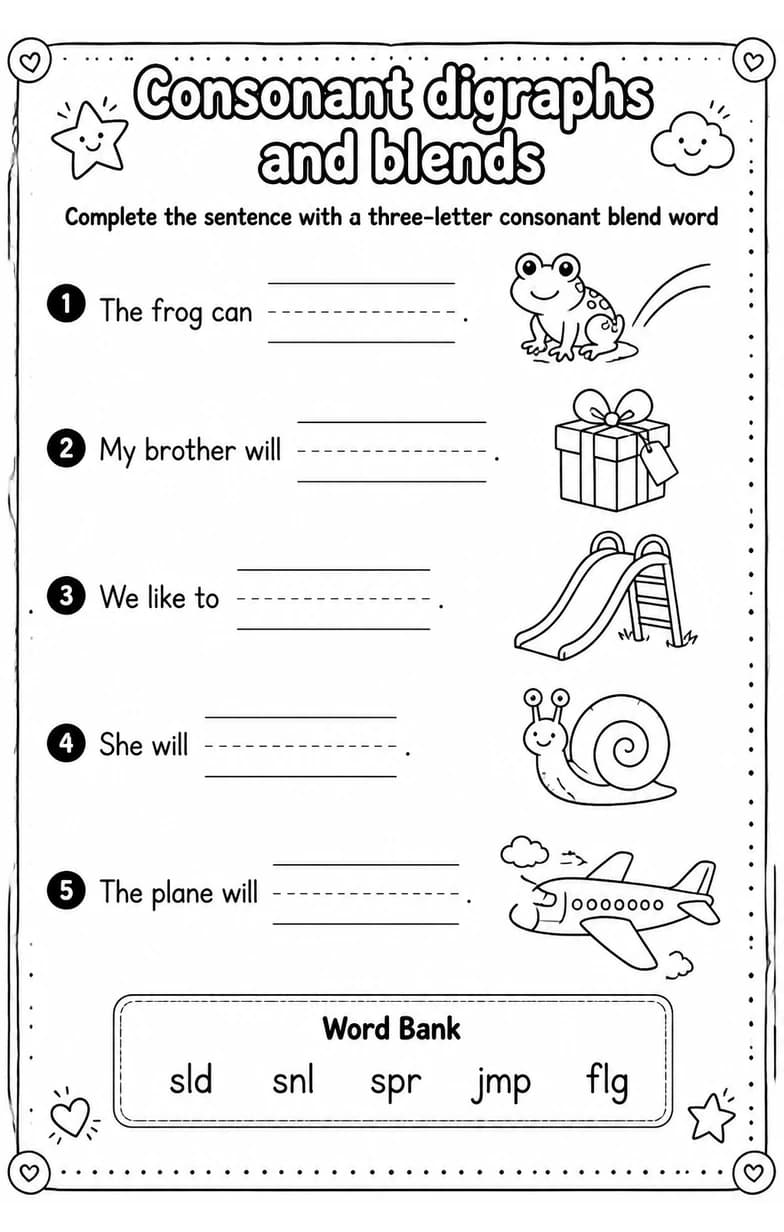 Complete the sentence with a three-letter consonant blend word — free printable Reading foundations English worksheet