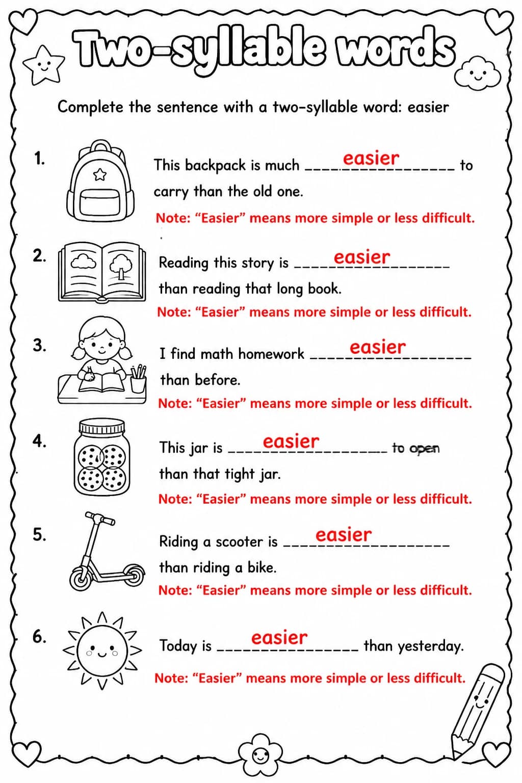 Answer key for Complete the sentence with a two-syllable word: easier — free printable English & Reading worksheet