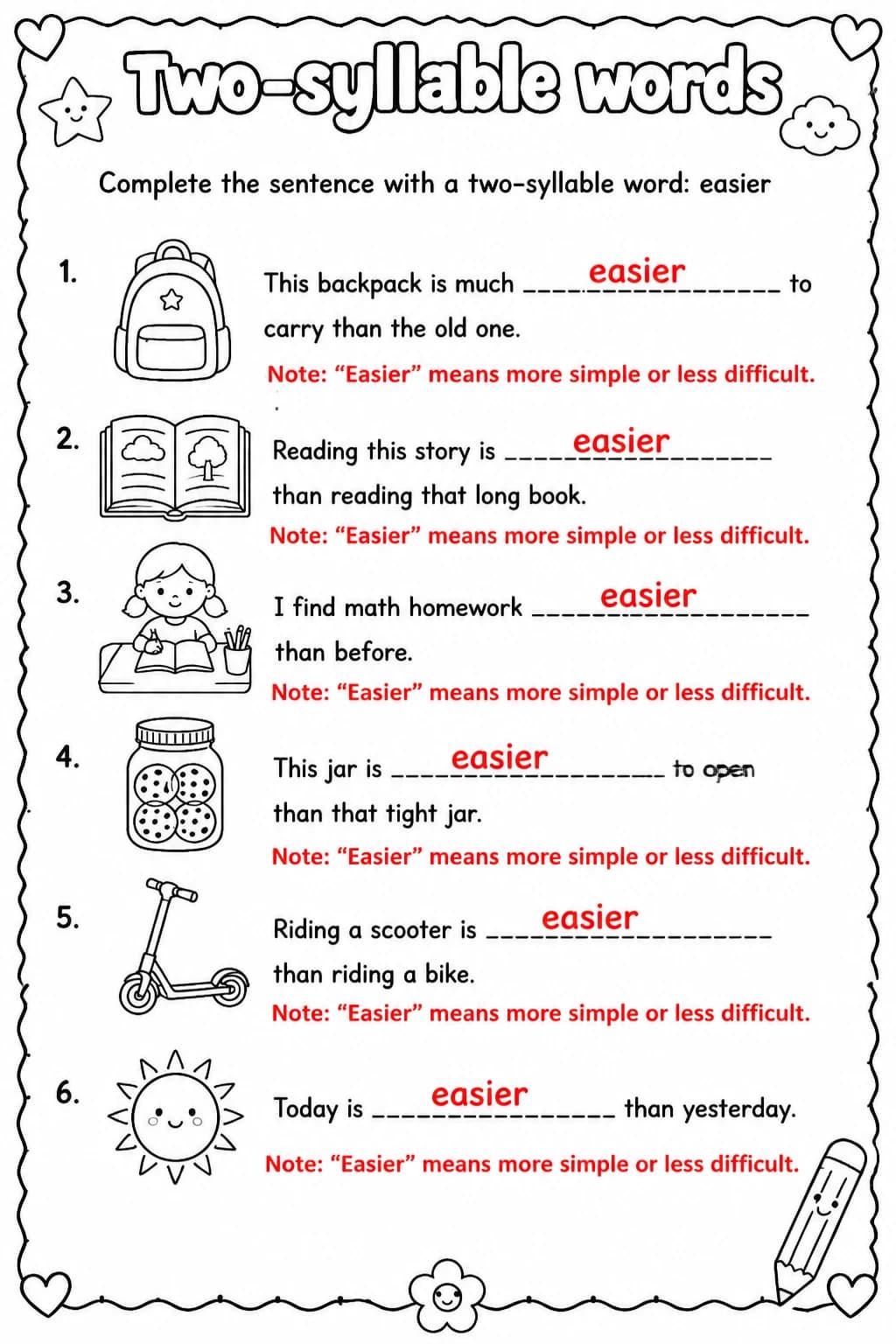 Answer key for Complete the sentence with a two-syllable word: easier — free printable English & Reading worksheet