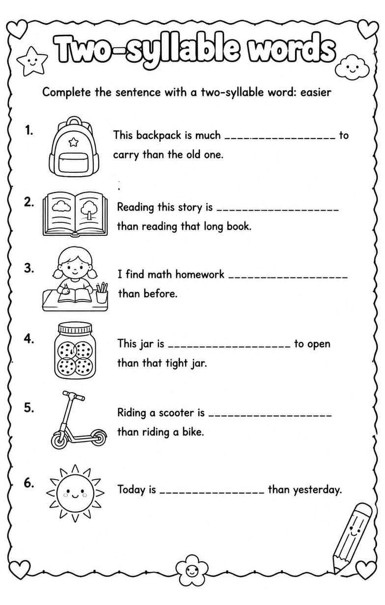 Complete the sentence with a two-syllable word: easier — free printable Reading foundations English worksheet