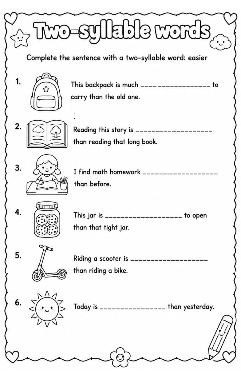 Complete the sentence with a two-syllable word: easier — free printable Reading foundations English worksheet
