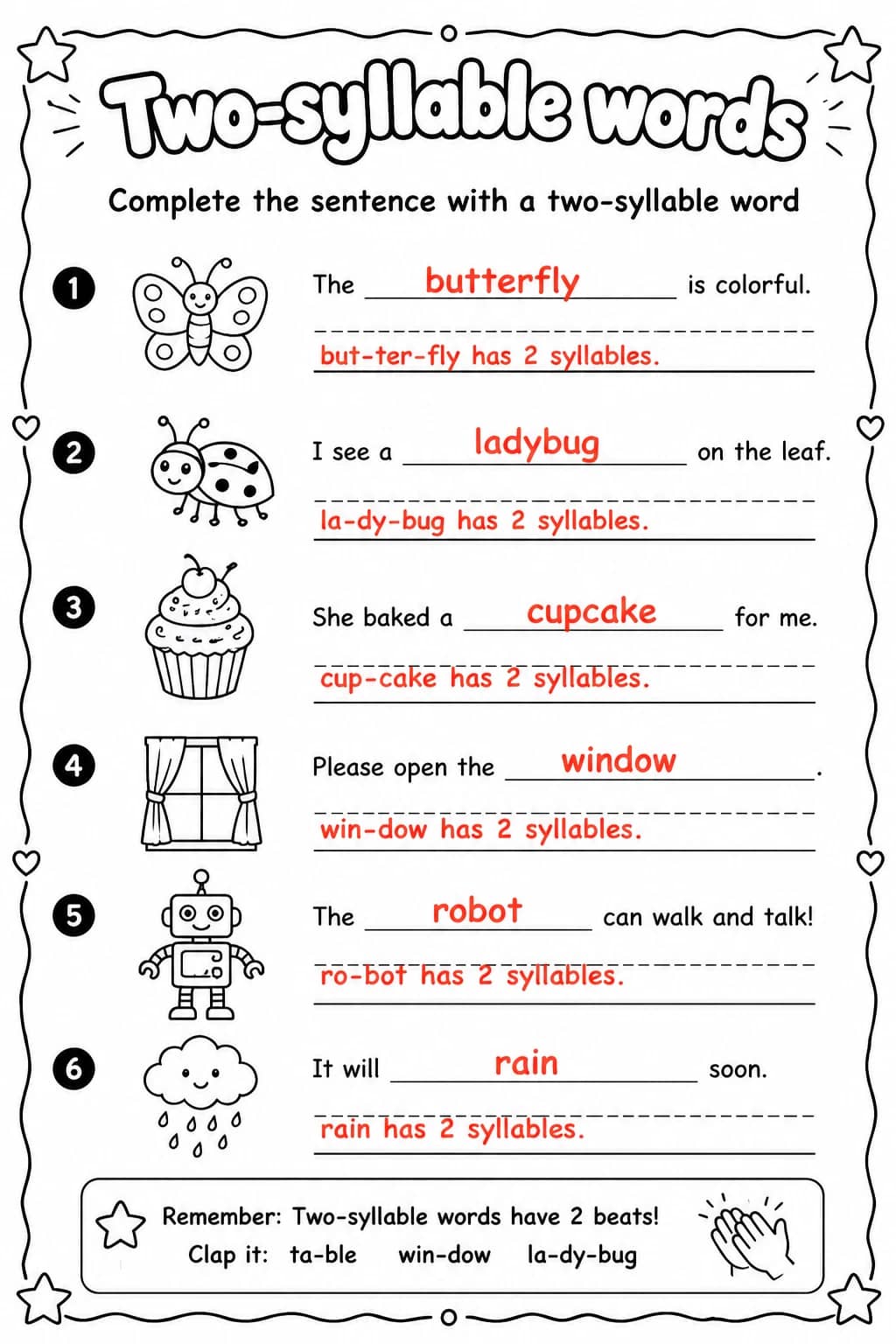 Answer key for Complete the sentence with a two-syllable word — free printable English & Reading worksheet