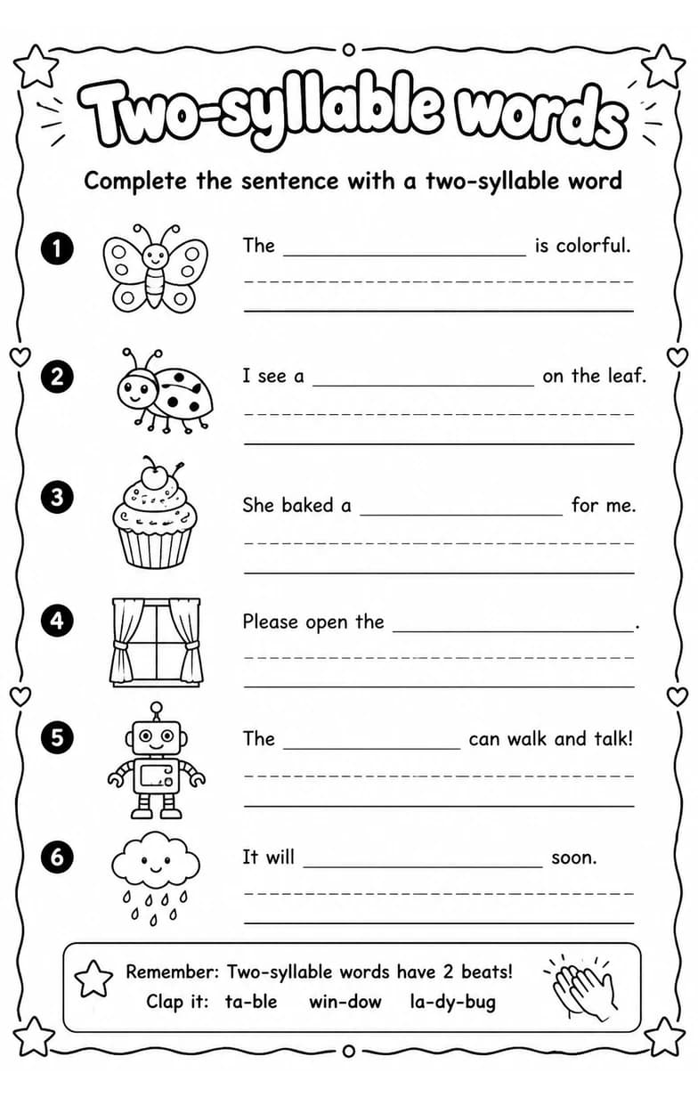 Complete the sentence with a two-syllable word — free printable Grade 1 English & Reading worksheet