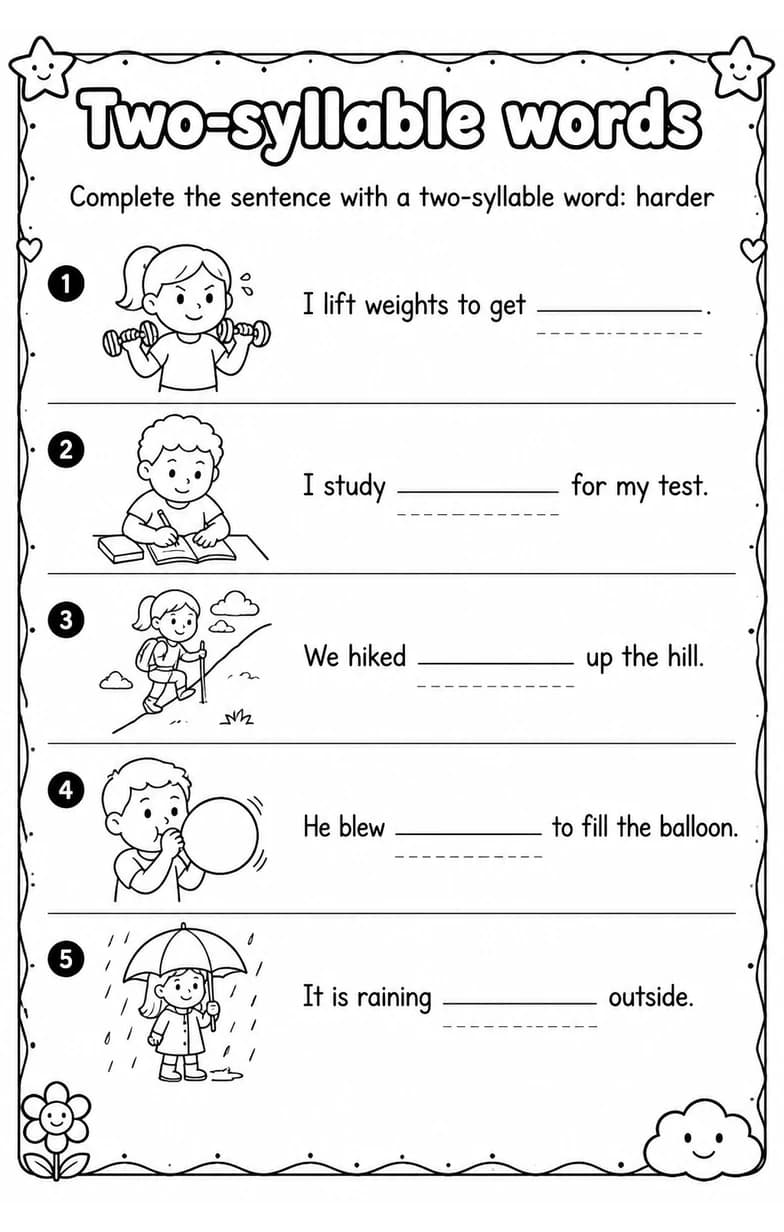 Complete the sentence with a two-syllable word: harder — free printable Grade 2 English & Reading worksheet