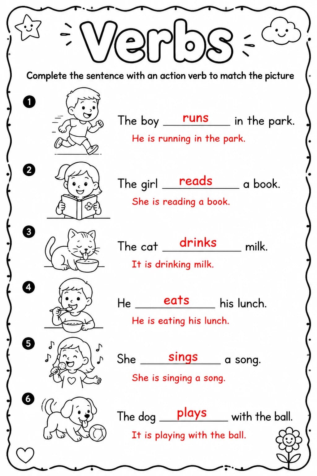 Answer key for Complete the sentence with an action verb to match the picture — free printable English & Reading worksheet