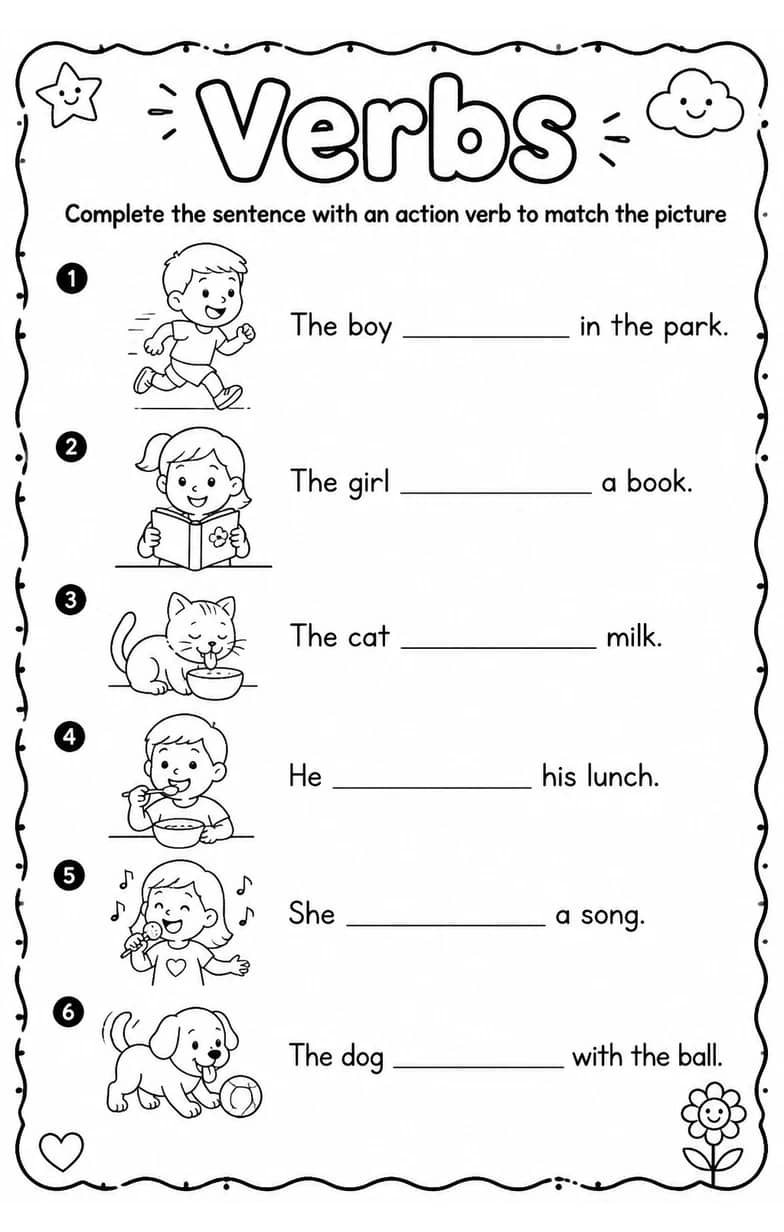 Complete the sentence with an action verb to match the picture — free printable Grammar and mechanics English worksheet